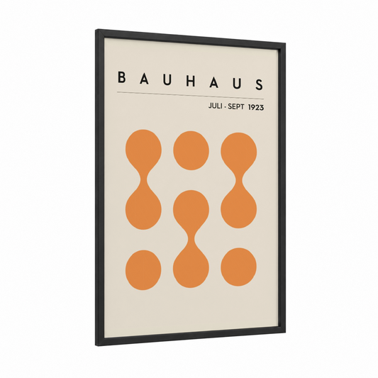 Bauhaus Circles framed abstract geometric print — black wood frame — pumpkin and cream palette