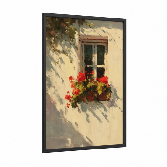 Mediterranean Geranium framed art print — black wood frame — red and cream palette