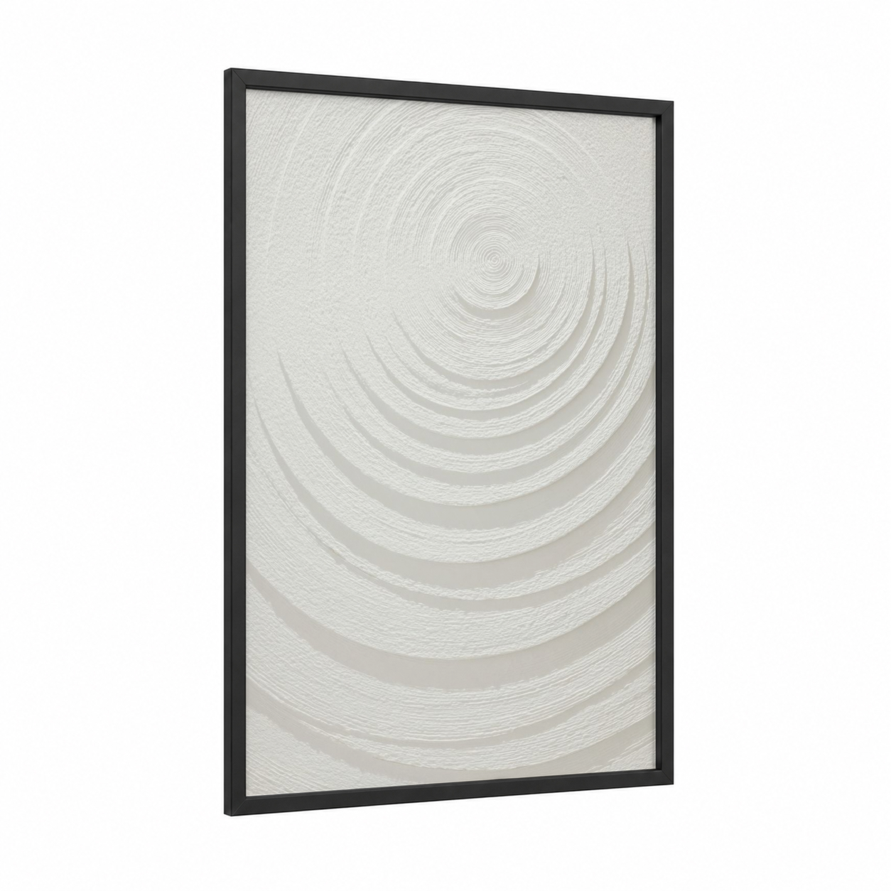 Concentric Serenity framed abstract minimalist print — black wood frame — white and gray palette