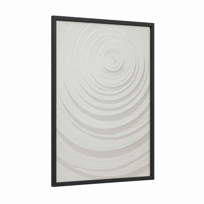 Concentric Serenity framed abstract minimalist print — black wood frame — white and gray palette
