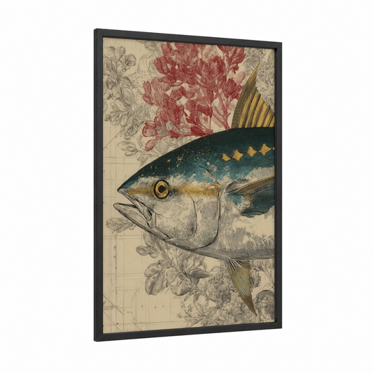 Golden Tuna Study framed art print — black wood frame — gold and teal palette