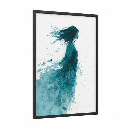 Teal Mermaid Silhouette framed art print — black wood frame — teal and turquoise palette