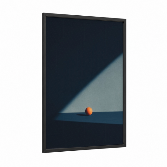 Minimalist Ball framed table tennis print — black wood frame — orange and dark blue palette