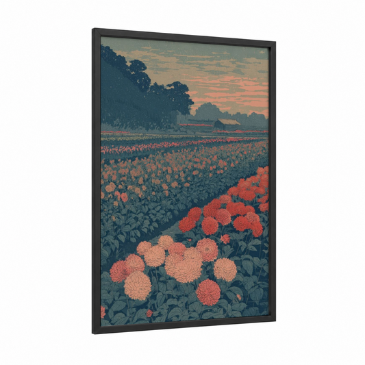 Sunset Dahlia Field framed art print — black wood frame — gold and salmon pink palette