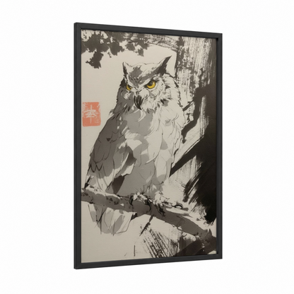 Golden-Eyed Owl framed art print — black wood frame — black and white and gray palette