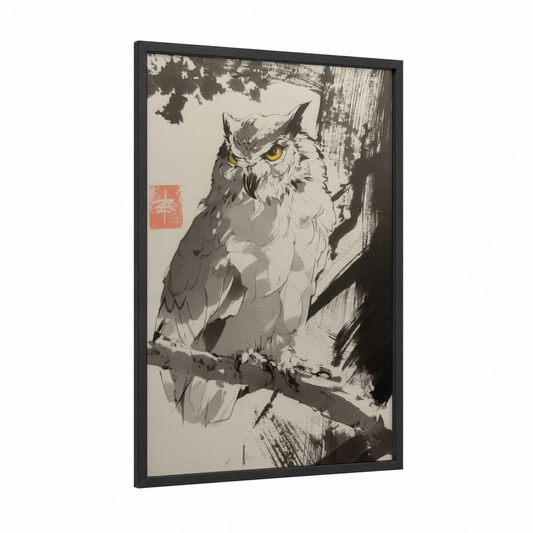 Golden-Eyed Owl framed art print — black wood frame — black and white and gray palette