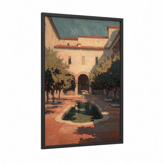 Sunlit Monastery framed art print — black wood frame — gold palette