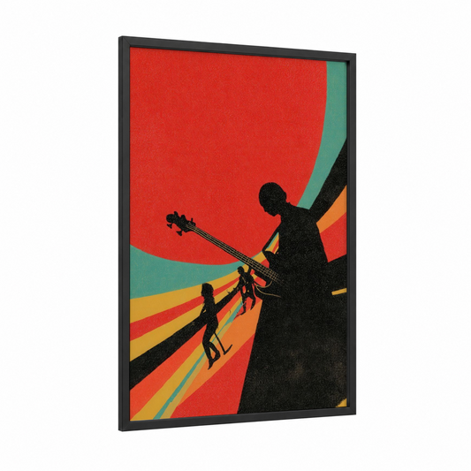 Funk Silhouette framed art print — black wood frame — red and gold palette
