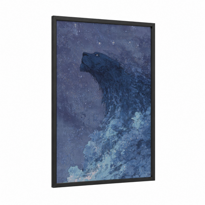 Snowy Sphinx framed art print — black wood frame — blue and white palette