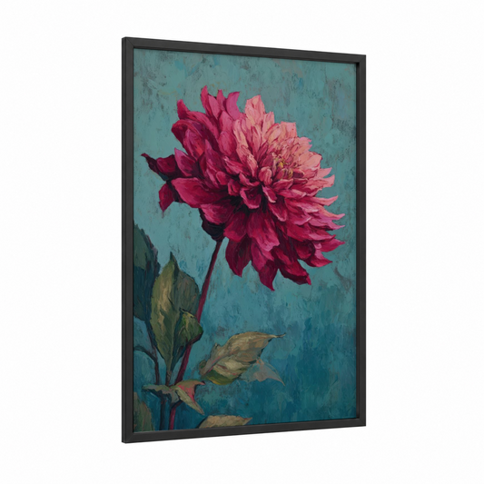 Crimson Dahlia framed art print — black wood frame — magenta and teal palette