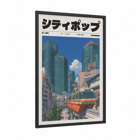 Shibuya Pop framed anime and manga print — black wood frame — blue and orange palette