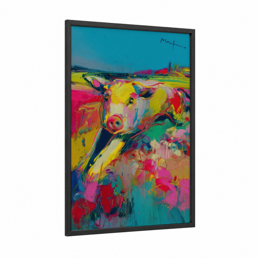 Colorful Pig Portrait framed art print — black wood frame — magenta and yellow palette