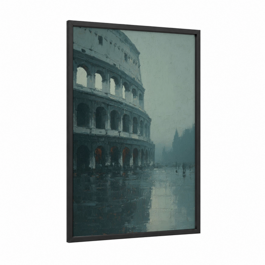 Misty Colosseum framed art print — black wood frame — dove gray and sage green palette