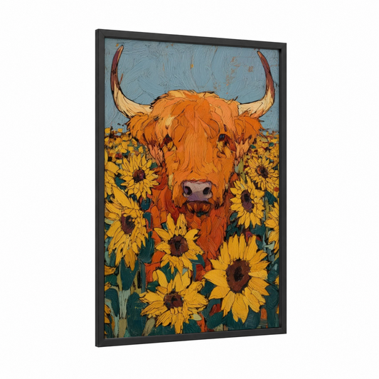 Sunflower Highland framed highland cow print — black wood frame — orange and yellow palette