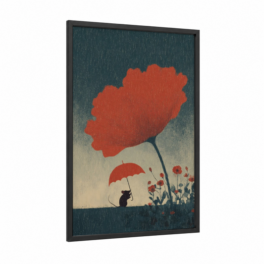 Rainy Day Mouse framed mice print — black wood frame — dark blue and red palette