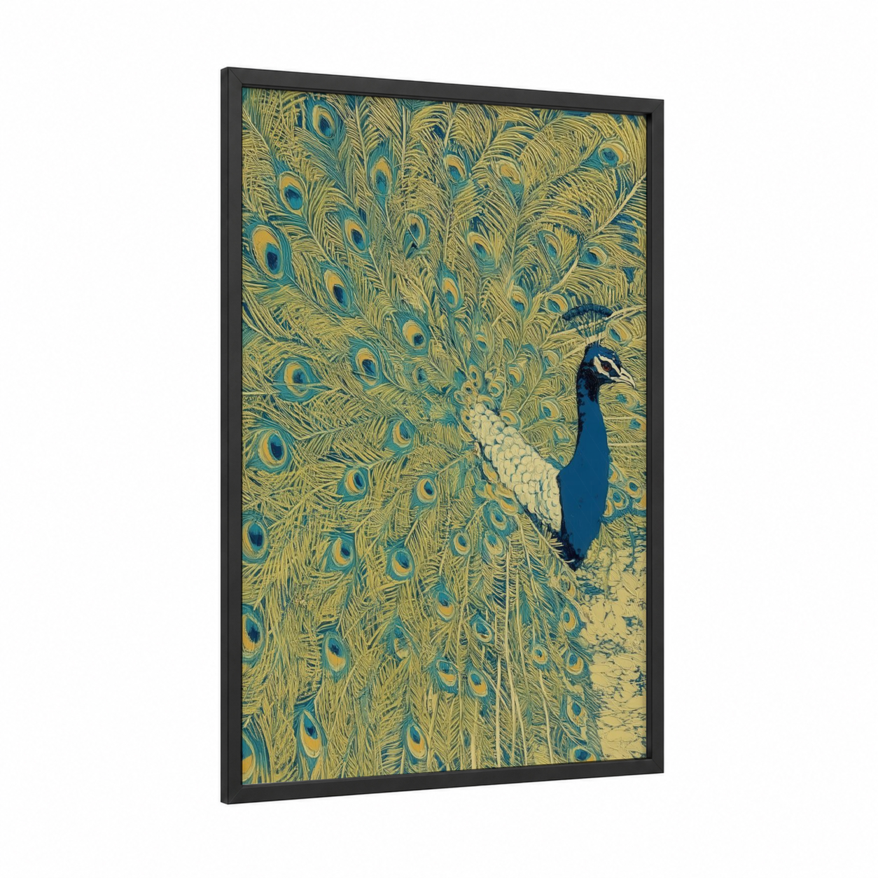 Golden Peacock Display framed art print — black wood frame — gold and teal palette