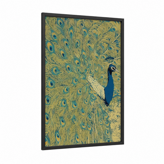 Golden Peacock Display framed art print — black wood frame — gold and teal palette