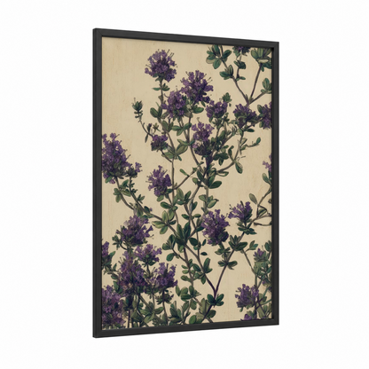 Purple Thyme Botanical framed herbs print — black wood frame — cream and purple palette