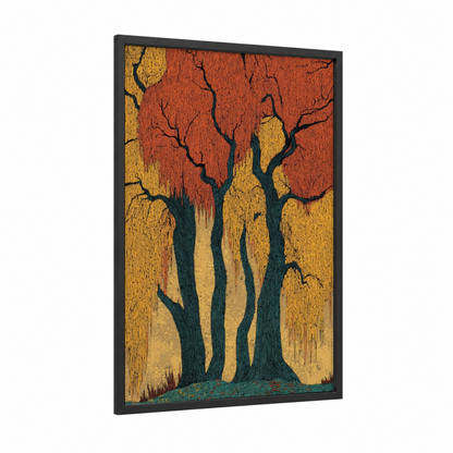 Autumn Willows framed willow forest print — black wood frame — russet and gold palette