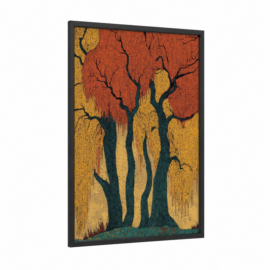 Autumn Willows framed willow forest print — black wood frame — russet and gold palette