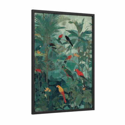 Tropical Canopy Paradise framed tropical trees print — black wood frame — teal and red palette