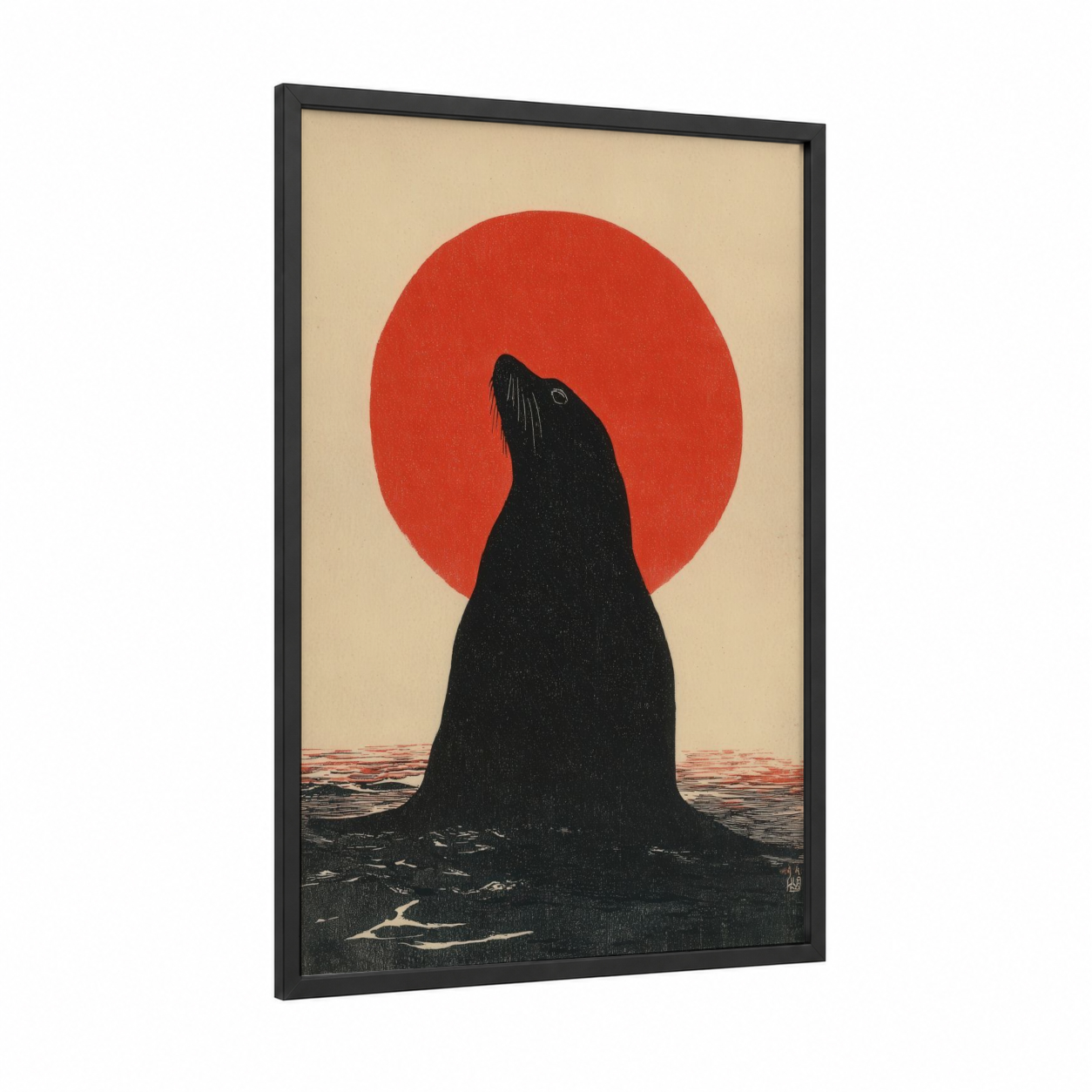 Crimson Sea Lion framed art print — black wood frame — black and white and red palette