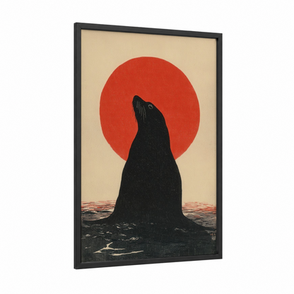 Crimson Sea Lion framed art print — black wood frame — black and white and red palette