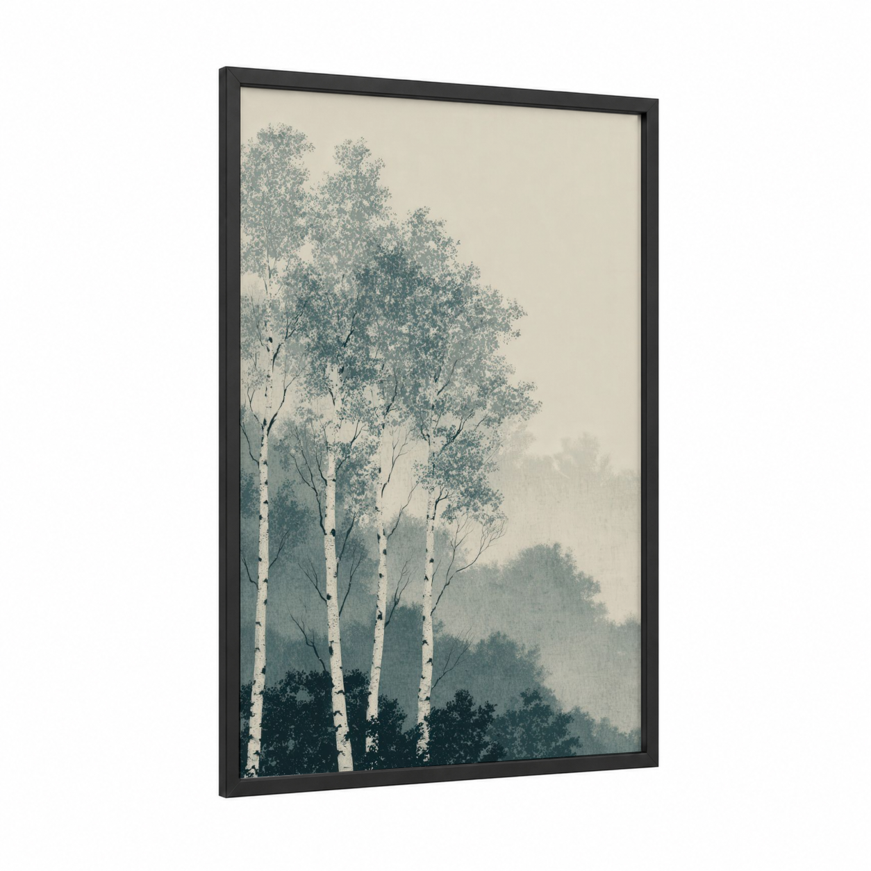 Misty Birch Forest framed art print — black wood frame — dove gray and teal palette