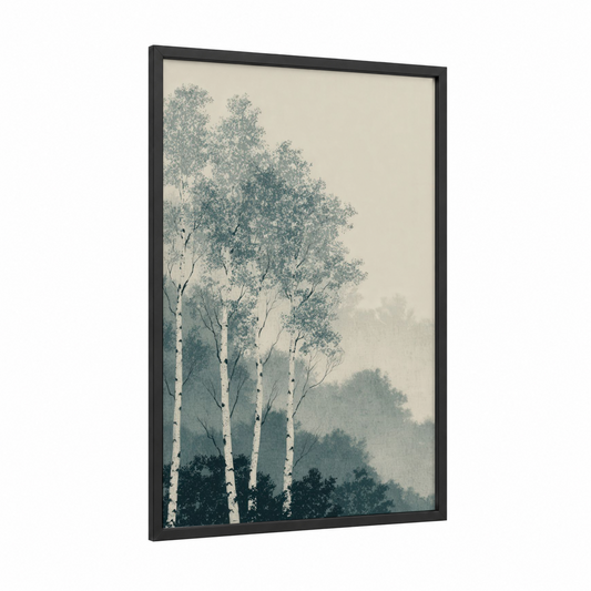 Misty Birch Forest framed art print — black wood frame — dove gray and teal palette
