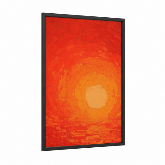 Crimson Solar Orb framed the sun print — black wood frame — red and orange palette