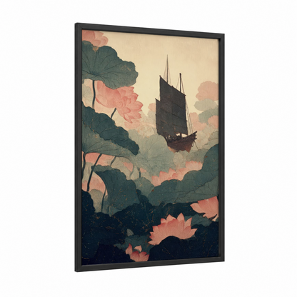 Lotus Voyage framed old ships print — black wood frame — rose gold and sage green palette