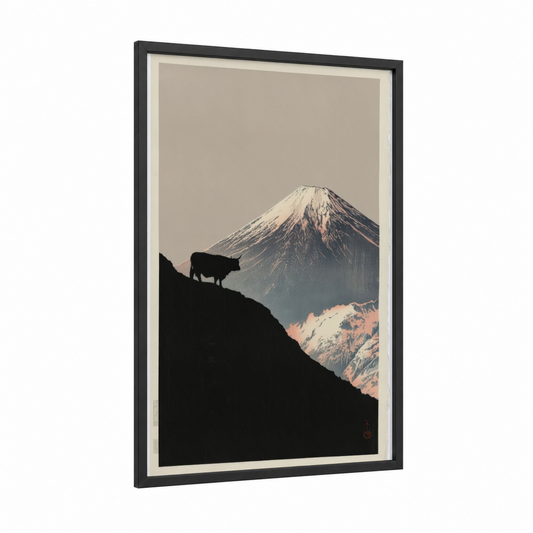 Alpine Highland framed highland cow print — black wood frame — black and cream palette