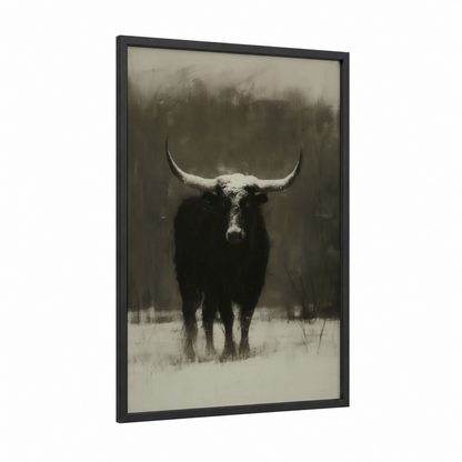 Snowy Longhorn framed longhorn cow print — black wood frame — black and white and gray palette