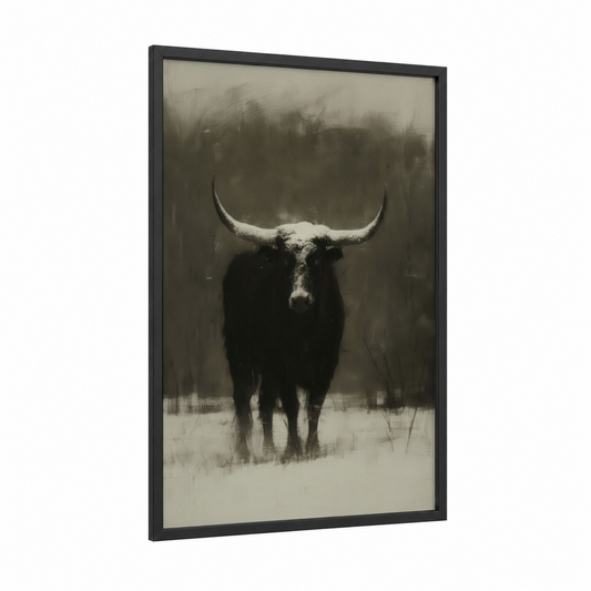 Snowy Longhorn framed longhorn cow print — black wood frame — black and white and gray palette