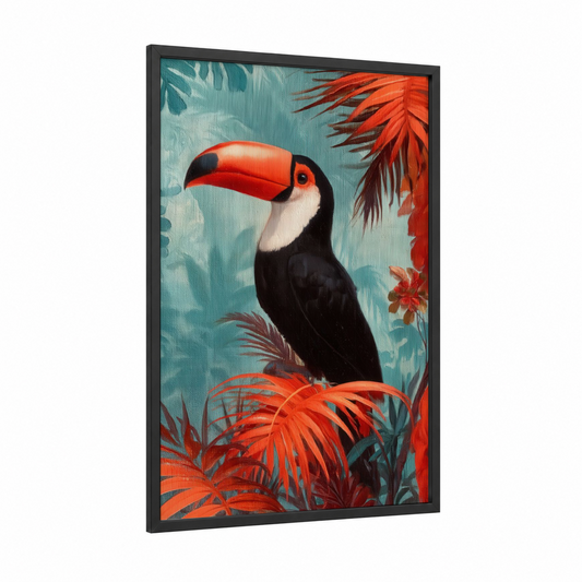 Tropical Toucan framed art print — black wood frame — teal and orange palette