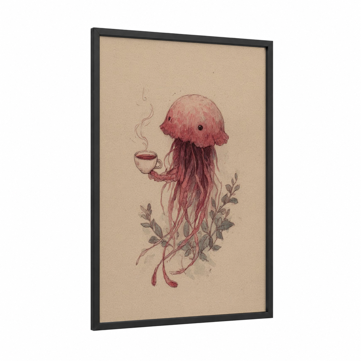 Whimsical Jellyfish framed art print — black wood frame — salmon pink and beige palette