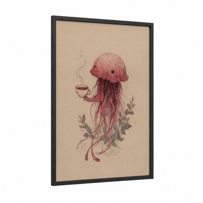 Whimsical Jellyfish framed art print — black wood frame — salmon pink and beige palette