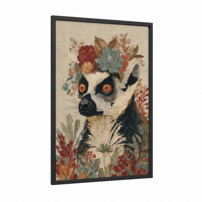 Floral Lemur framed art print — black wood frame — maroon and sage green palette