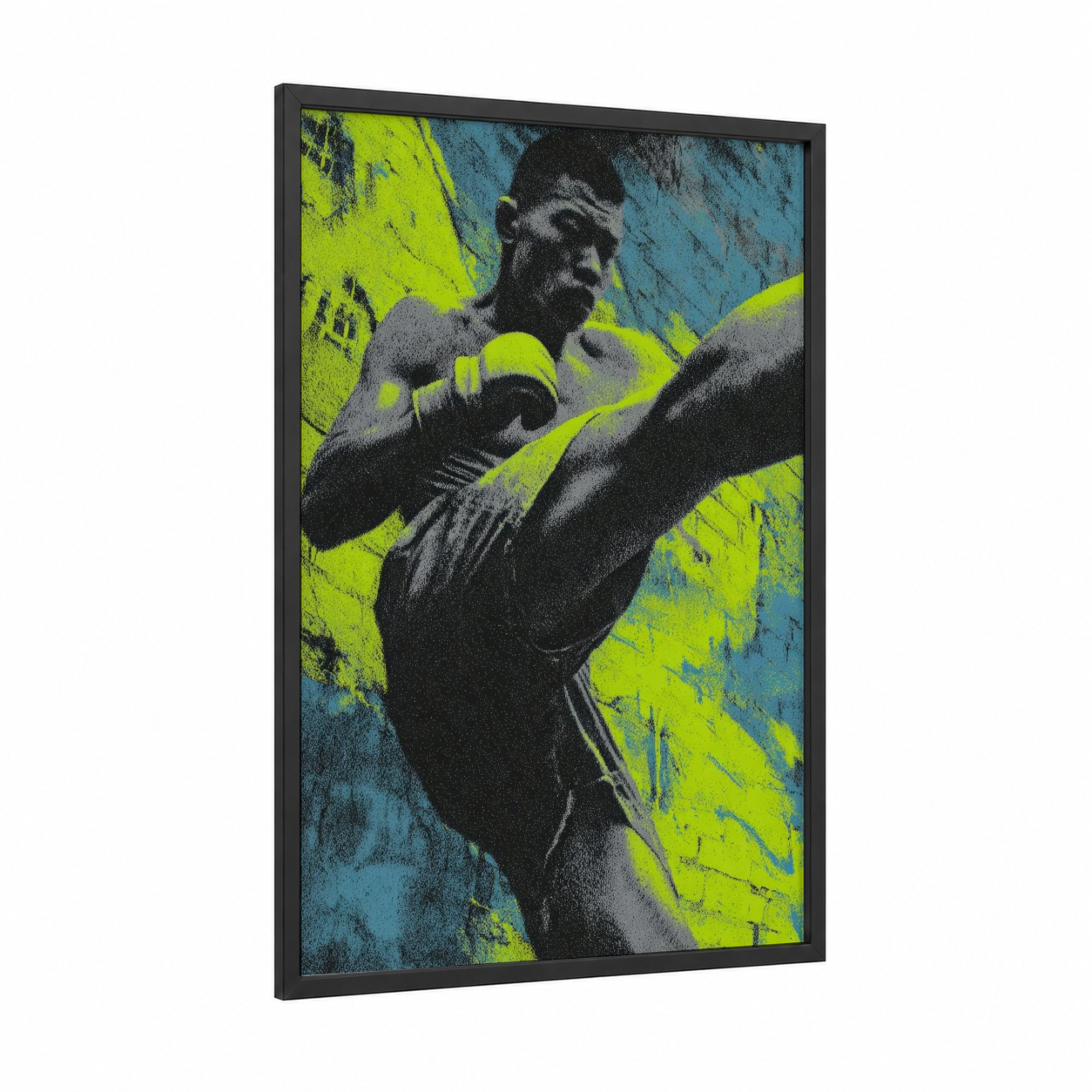 Neon Kick Boxer framed kick boxing print — black wood frame — yellow and teal palette