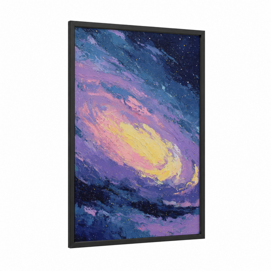 Cosmic Nebula framed milky way print — black wood frame — purple and gold palette