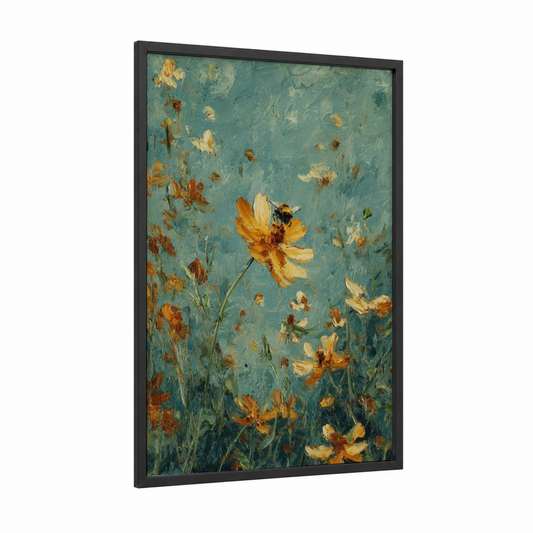 Golden Bee Garden framed art print — black wood frame — teal and gold palette