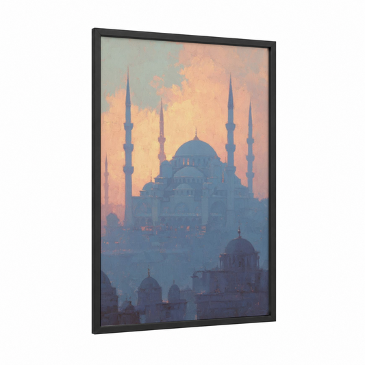 Twilight Mosque framed art print — black wood frame — blue and peach palette