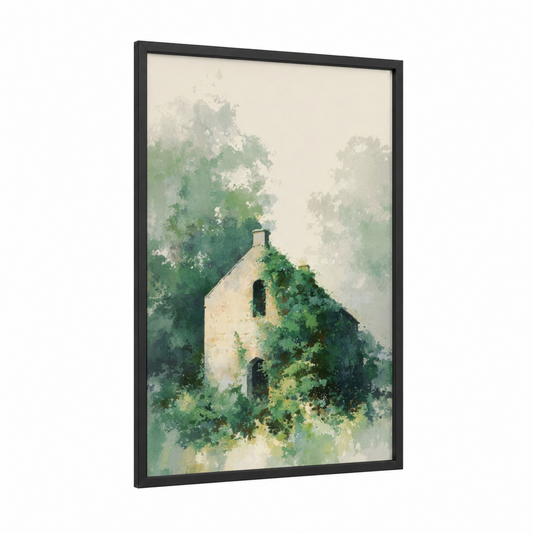 Ivy Chapel framed churches and chapels print — black wood frame — sage green and cream palette