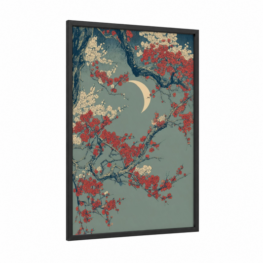 Moonlit Berries framed fruit trees print — black wood frame — teal and red palette