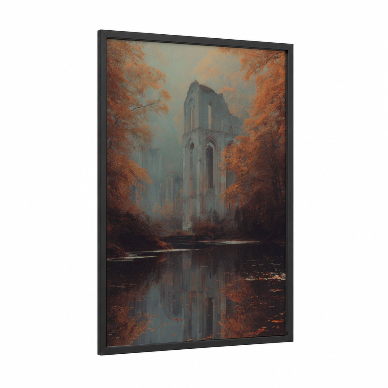 Autumn Cathedral Reflection framed art print — black wood frame — russet and gray palette