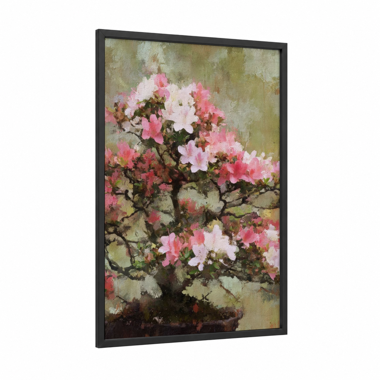 Pink Blossom Bonsai framed bonsai tree print — black wood frame — pink and cream palette
