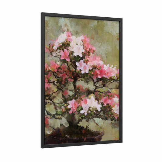 Pink Blossom Bonsai framed bonsai tree print — black wood frame — pink and cream palette