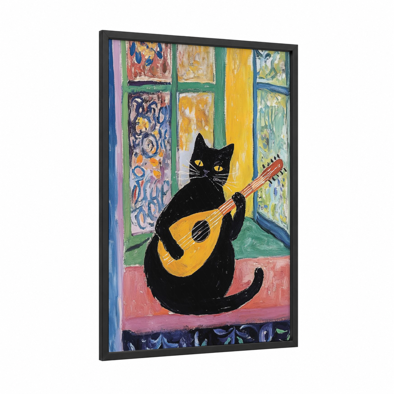 Musical Black Cat framed art print — black wood frame — gold and black palette
