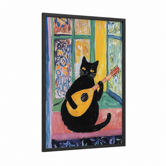 Musical Black Cat framed art print — black wood frame — gold and black palette