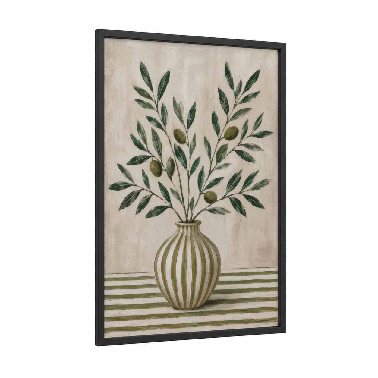Olive Branch in Striped Vase Wall Art framed olive tree print — black wood frame — olive and beige palette